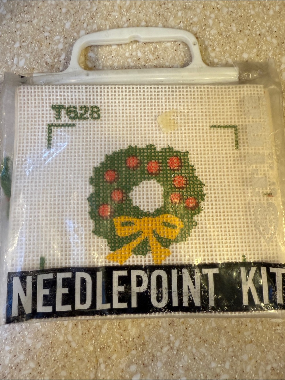 Vintage Needlepoint Kit with Green Wreath and Yellow Bow Craft Project
